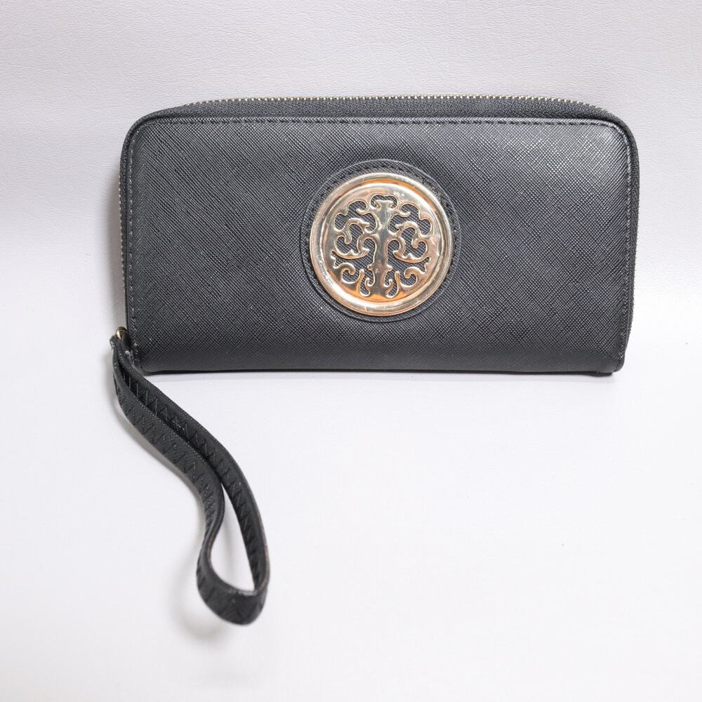 Dasein Clutch Wallet Wristlet Black Pebble Faux Leather Zip Around Cards Cash